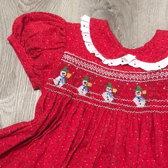 Smocked Holiday Snowman Winter Girls Dress Red - Picture 2 of 4